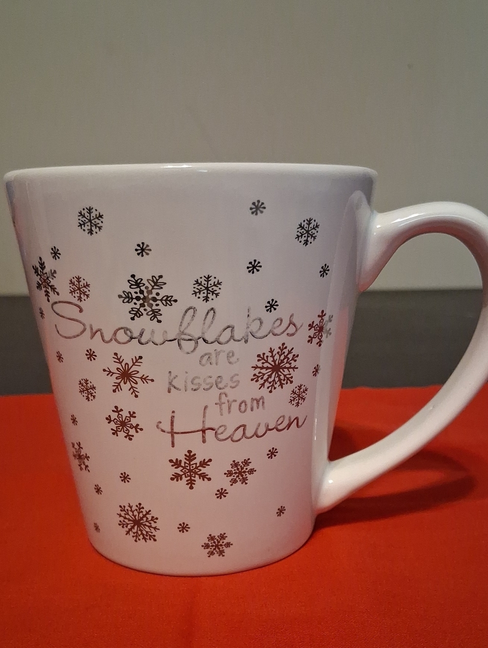 White Snowman Holiday Ceramic Mug — Snowflakes Are Kisses From Heaven Mug - Picture 7 of 13